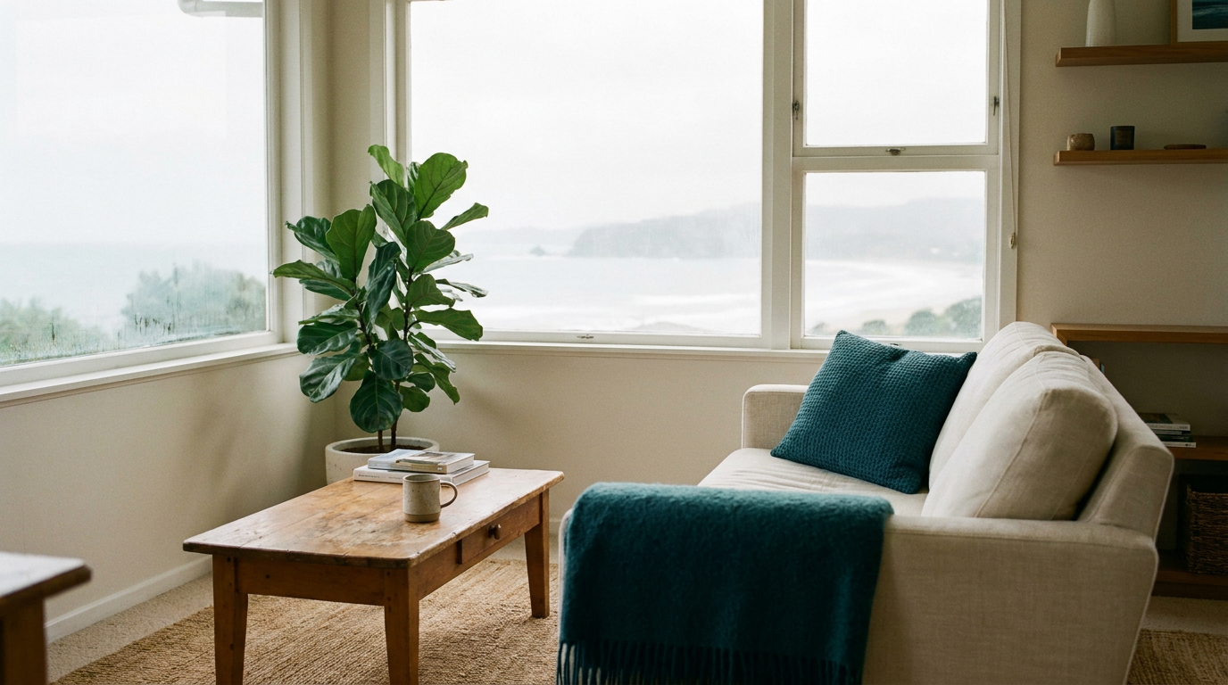 A calm New Zealand coastal living room