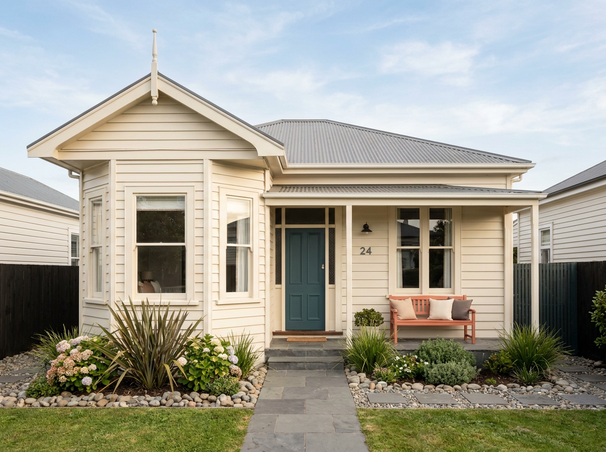 A classic New Zealand weatherboard rental home with a teal front door