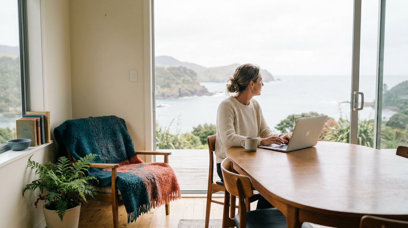A New Zealand landlord at a sea-view table
